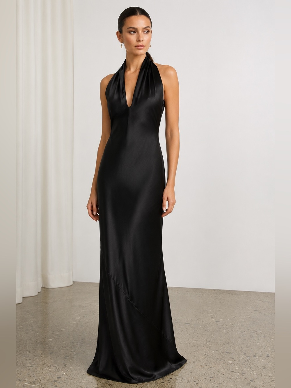 NWT Black Satin Halter Open Back Maxi Gown Size 8 Side Zip Formal Dress